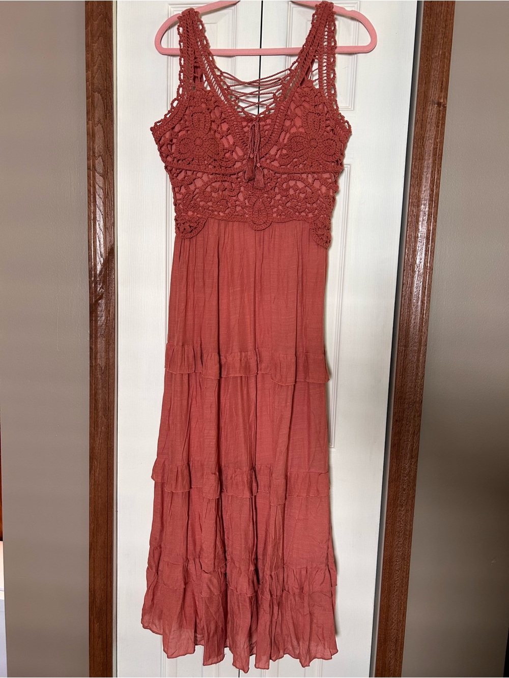 Bohemian Crochet Bodice Maxi Dress in Terracotta